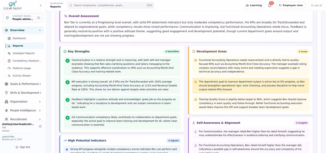 Ava report with review strengths, development areas, alignment, and coaching context