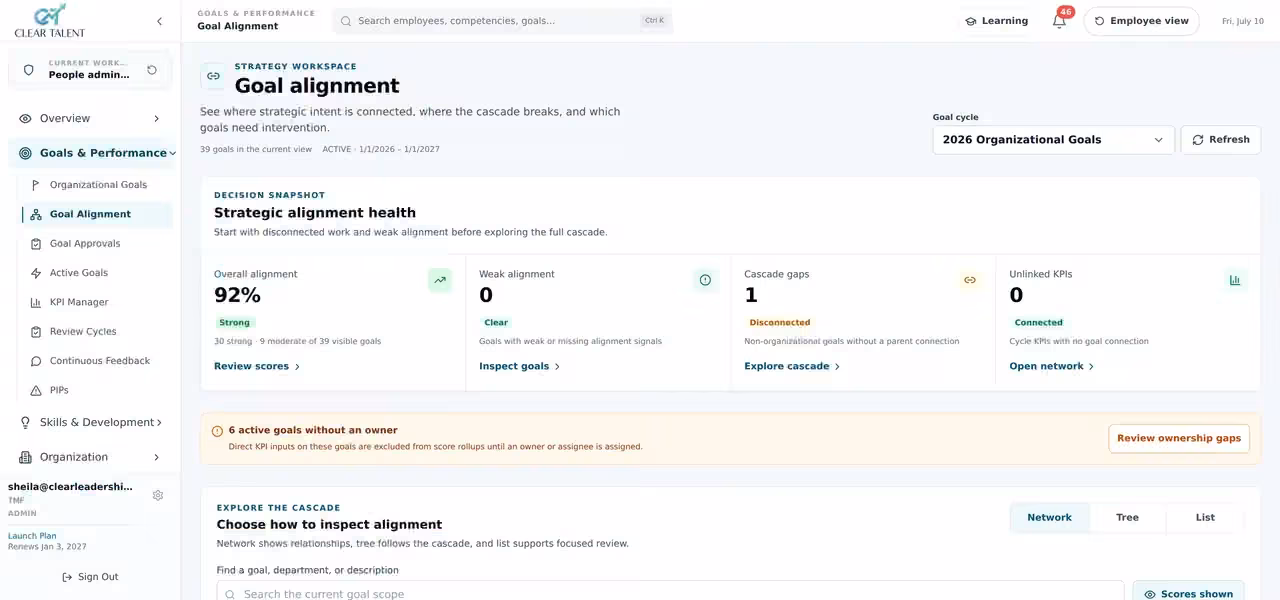 CLEAR Talent performance management software showing aligned company, team, and individual goals