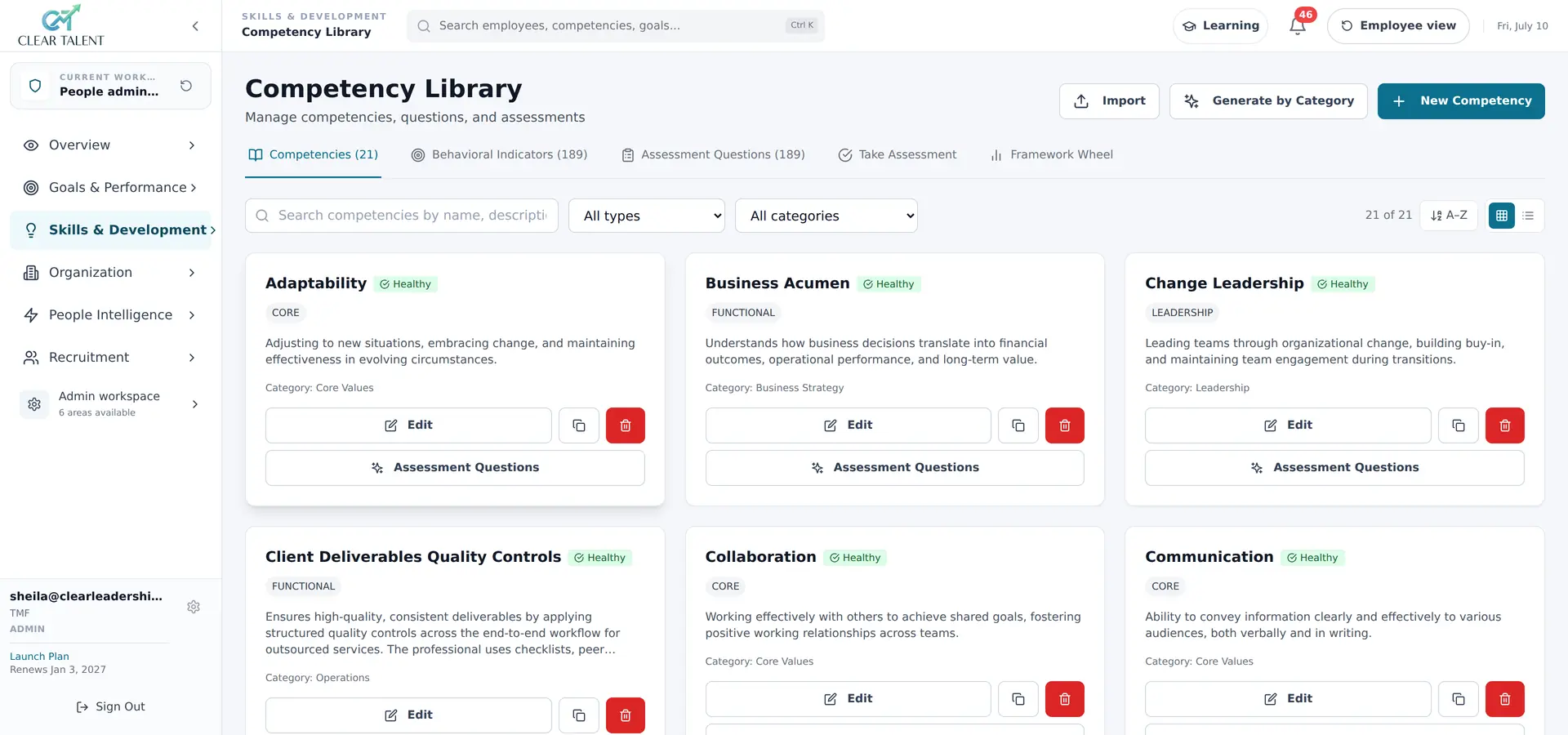 Competency library with behavioral indicators and assessment questions