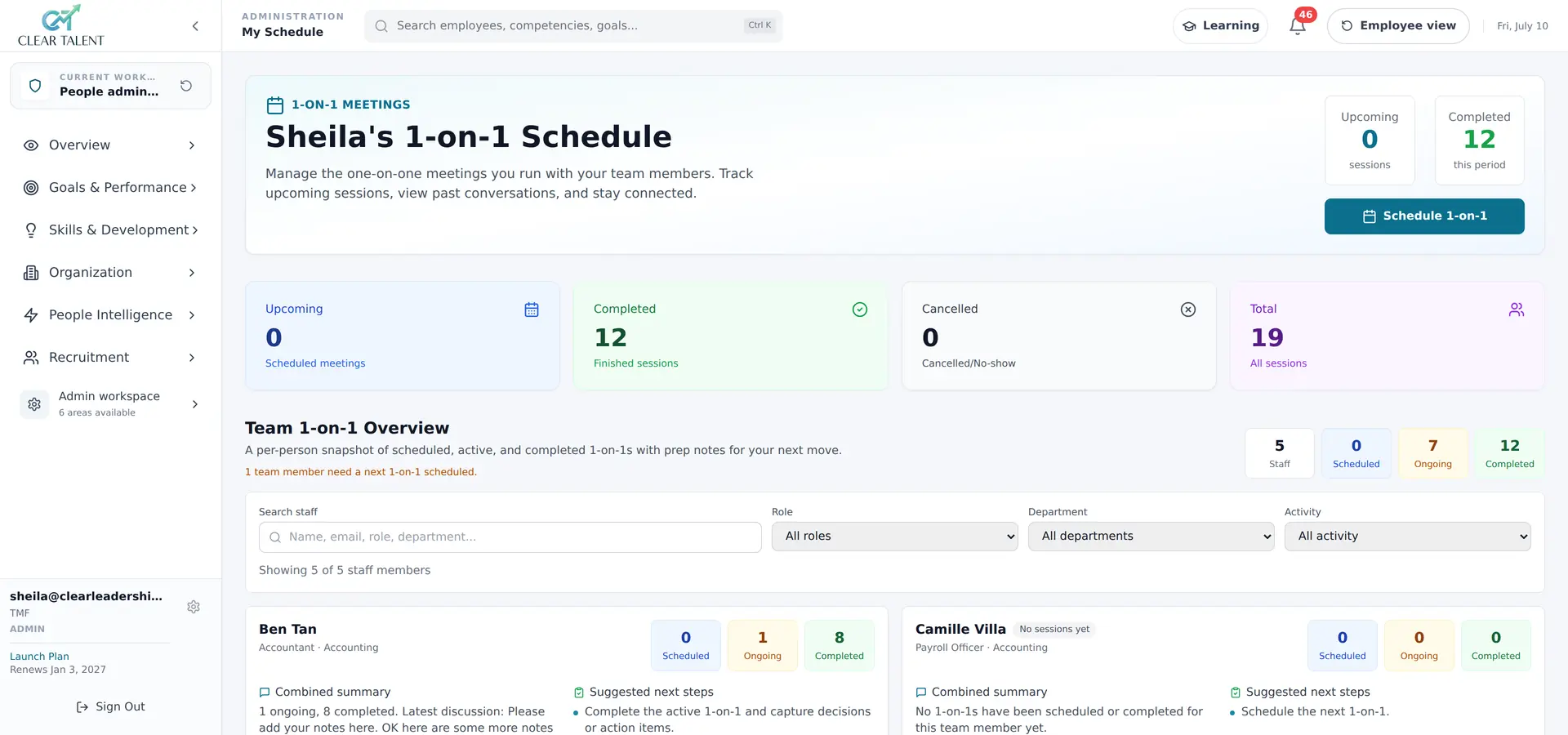 CLEAR Talent 1-on-1 schedule showing upcoming, completed and cancelled sessions with a per-person team overview