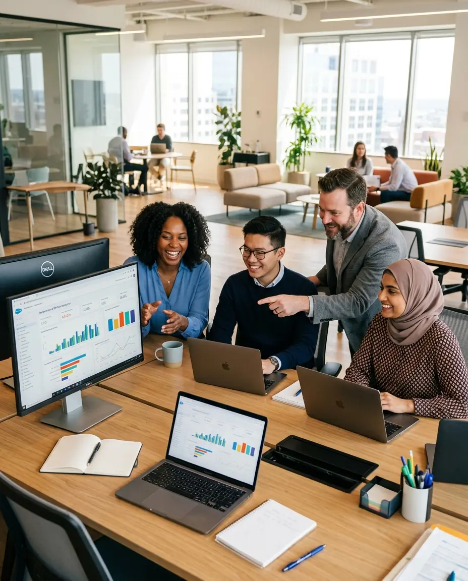 A team reviewing performance dashboards together