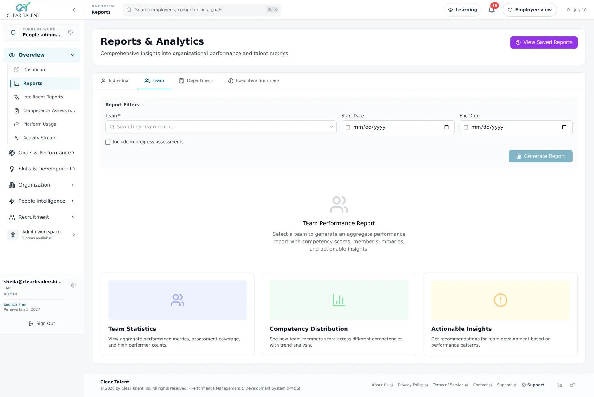 CLEAR Talent Reports & Analytics, Team tab: pick a team to generate a report with team statistics, the competency distribution across its members and actionable insights